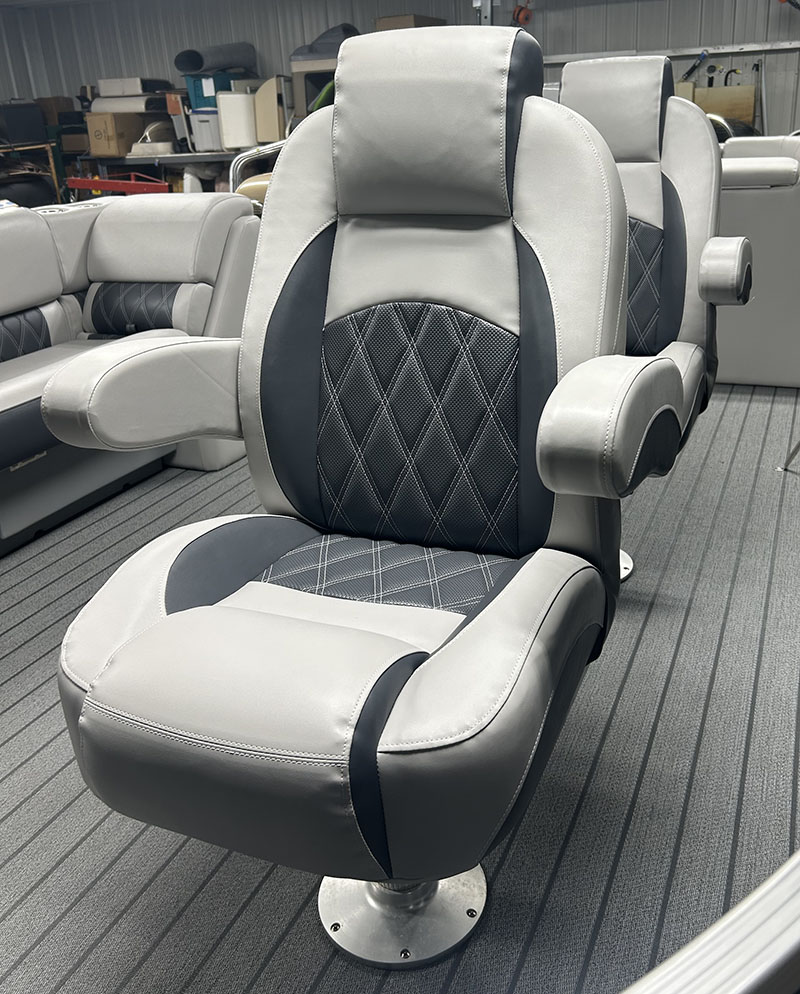 New Premium Gray & Black Marine Vinyl Pontoon Helm Chair Installed